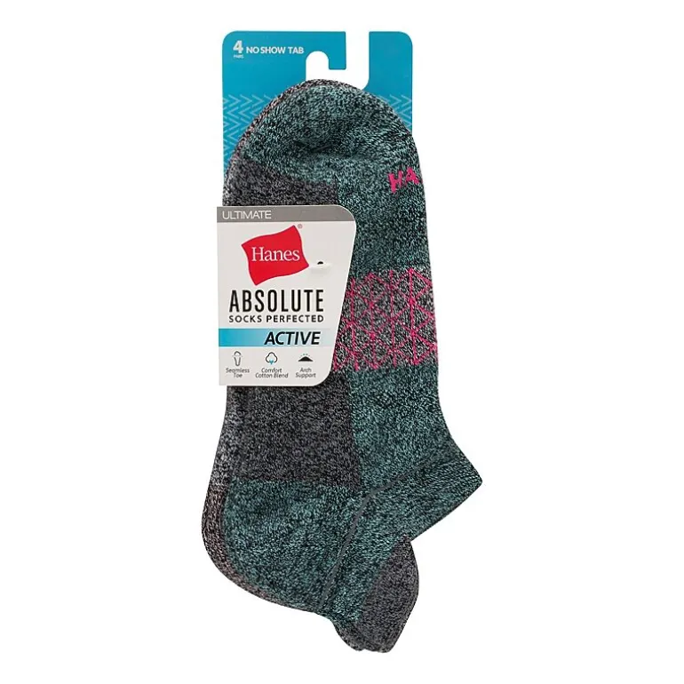 Hanes Absolute Active Heel Tab Womens 4 Pair No Show Socks