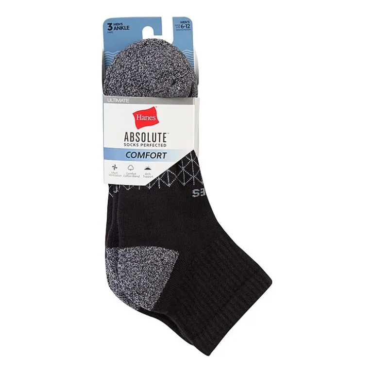 Hanes® Men's Ultimate Absolute Comfort, 3 Pairs Moisture-Wicking Ankle Socks