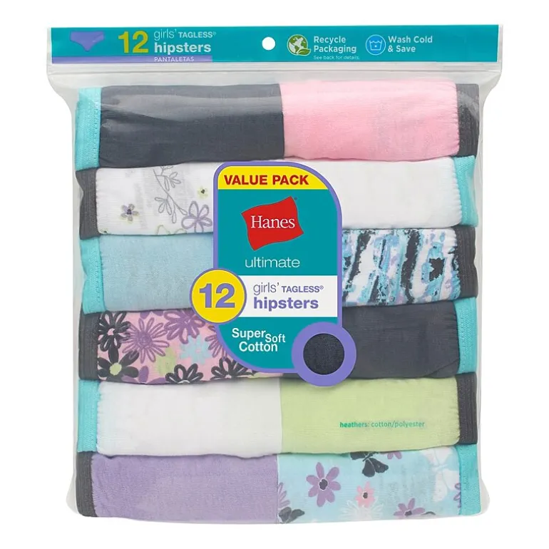 Hanes Ultimate Tagless Cotton Little & Big Girls 12 Pack Hipster Panty
