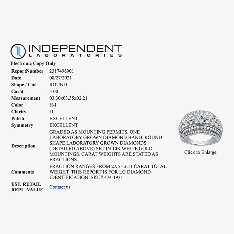 (H-I / I1) Womens 3 CT. T.W. Lab Grown White Diamond 10K Gold Anniversary Band