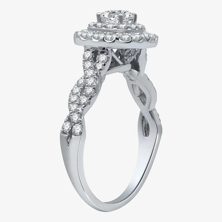(H-I / I1) Womens 1 1/2 CT. T.W. Lab Grown White Diamond 10K Gold Cushion Side Stone Halo Bridal Set