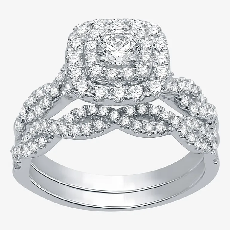 (H-I / I1) Womens 1 1/2 CT. T.W. Lab Grown White Diamond 10K Gold Cushion Side Stone Halo Bridal Set
