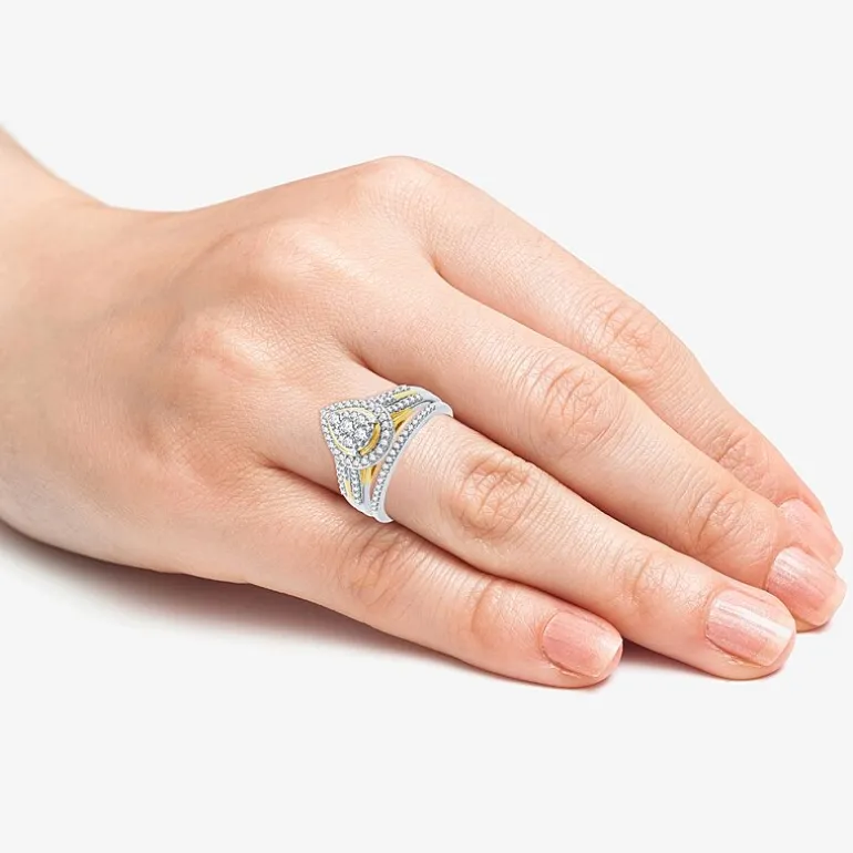 (H-I/I1) Womens 3/4 CT. T.W. Lab Grown White Diamond 14K Two Tone Gold Over Silver Pear Side Stone Halo Bridal Set