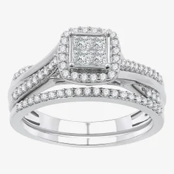 H -I/ I1 Womens 1/2 CT. T.W. Lab Grown White Diamond Sterling Silver Side Stone Halo Bridal Set