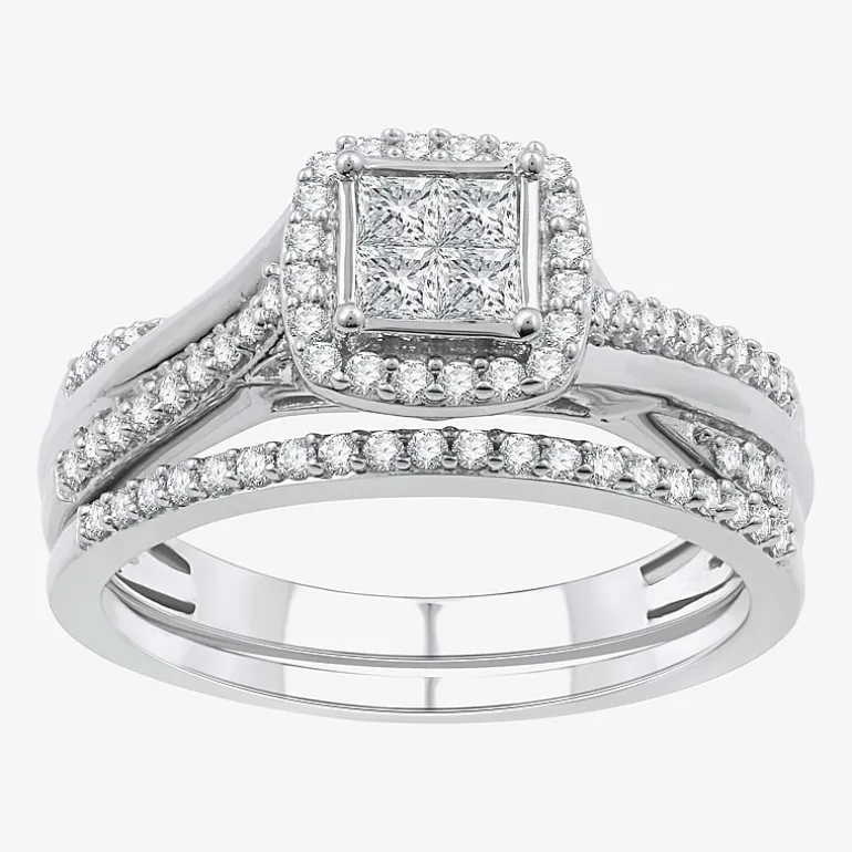H -I/ I1 Womens 1/2 CT. T.W. Lab Grown White Diamond Sterling Silver Side Stone Halo Bridal Set