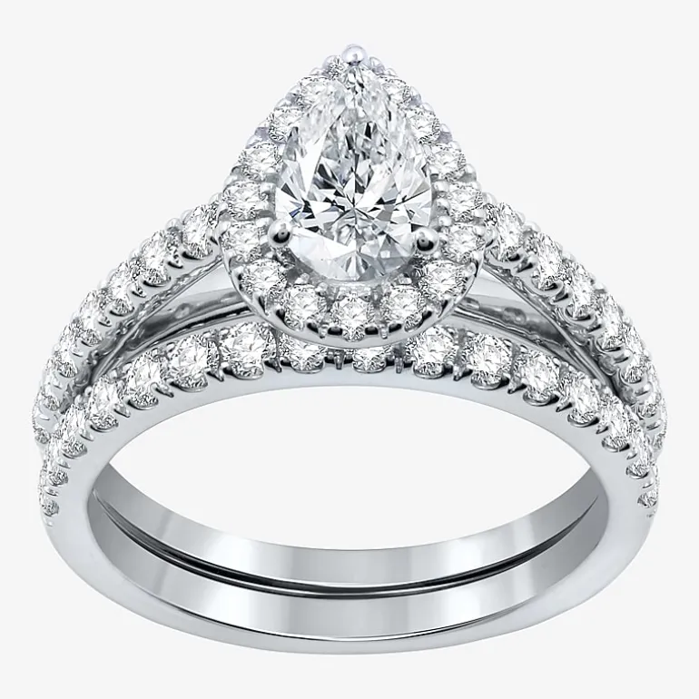 (H-I / Si2-I1) Womens 1 3/4 CT. T.W. Lab Grown White Diamond 10K Gold Pear Side Stone Halo Bridal Set