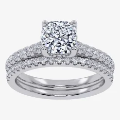 (H-I / Si2-I1) Womens 1 1/2 CT. T.W. Lab Grown White Diamond 10K Gold Cushion Side Stone Bridal Set
