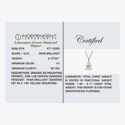 ( H-I/Si1-Si2 ) 2 CT.  Lab-Grown Diamond 14K Gold Pear 18 Inch Pendant Necklace