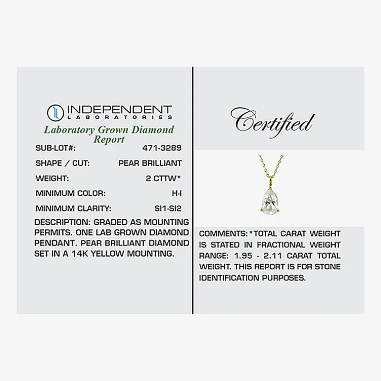 ( H-I/Si1-Si2 ) 2 CT. Lab-Grown Diamond 14K Gold Pear 18 Inch Pendant Necklace