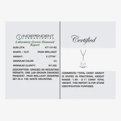 ( H-I/Si1-Si2 ) 2 CT. Lab-Grown Diamond 14K Gold Pear 18 Inch Pendant Necklace