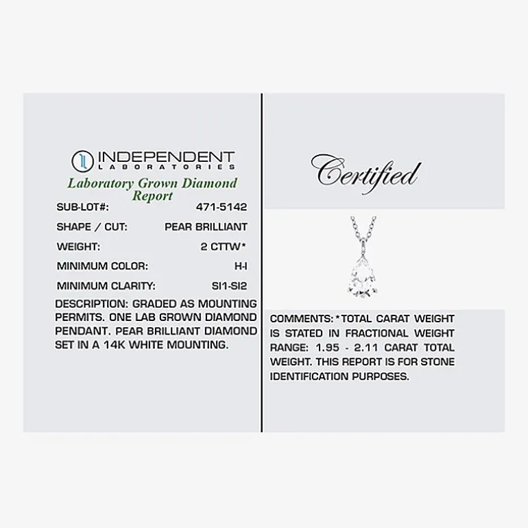 ( H-I/Si1-Si2 ) 2 CT. Lab-Grown Diamond 14K Gold Pear 18 Inch Pendant Necklace