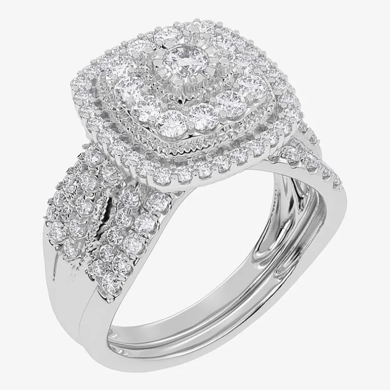 (H-I / Si1-Si2) Womens 1 CT. T.W. Lab Grown White Diamond 10K or 14K Gold Cushion Halo Bridal Set