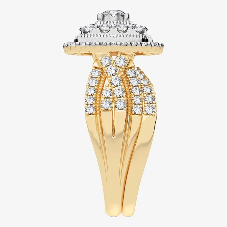(H-I / Si1-Si2) Womens 1 CT. T.W. Lab Grown White Diamond 10K or 14K Gold Cushion Halo Bridal Set
