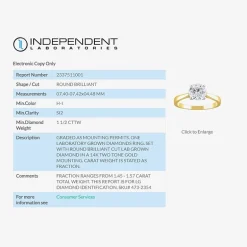 (H-I / Si2) Womens 1 1/2 CT. Lab Grown White Diamond 14K Gold Round Solitaire Engagement Ring