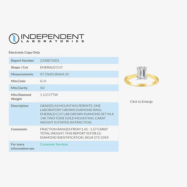 (H-I / SI2) Womens 1 1/2 CT. Lab-Grown White Diamond in 14K Gold Emerald Solitaire Engagement Ring