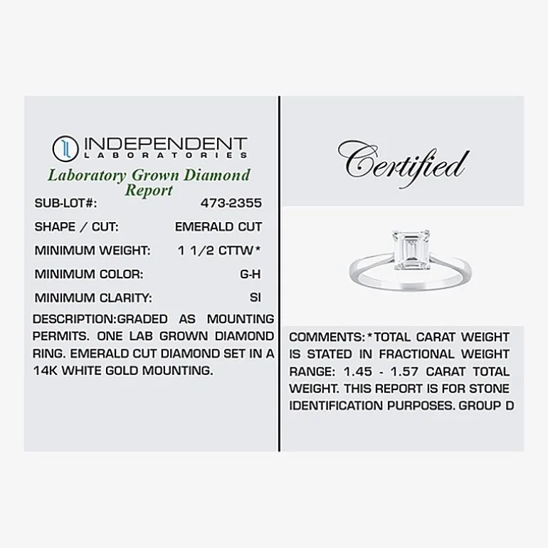 (H-I / SI2) Womens 1 1/2 CT. Lab-Grown White Diamond in 14K Gold Emerald Solitaire Engagement Ring