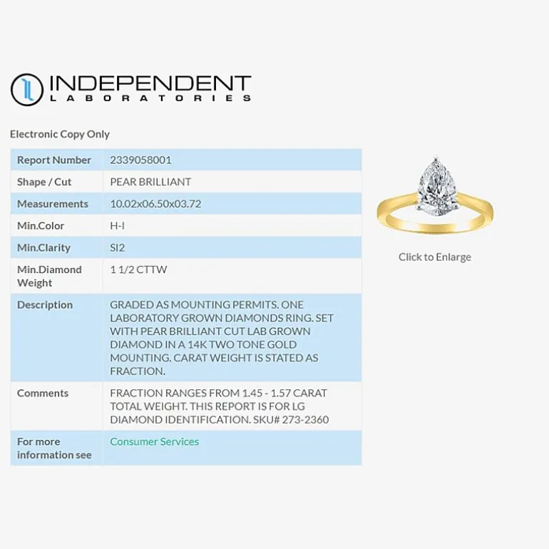 (H-I / SI2) Womens 1 1/2 CT. Lab-Grown White Diamond in 14K Gold Pear Solitaire Engagement Ring