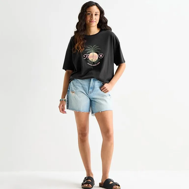 Hurley Womens Juniors Crew Neck Short Sleeve Oversized Graphic T-Shirt