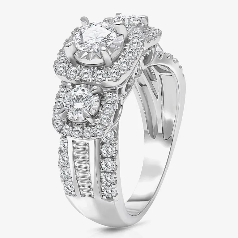 (I / I1) Love Lives Forever Womens 2 CT. T.W. Lab Grown White Diamond 10K or 14K White Gold Cushion Side Stone 3-Stone Engagement Ring