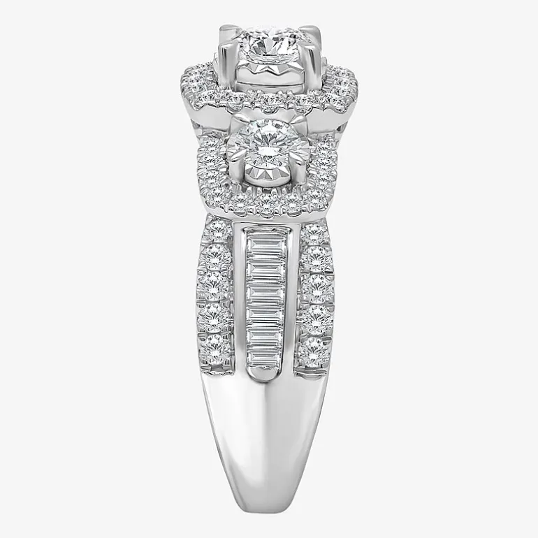 (I / I1) Love Lives Forever Womens 2 CT. T.W. Lab Grown White Diamond 10K or 14K White Gold Cushion Side Stone 3-Stone Engagement Ring