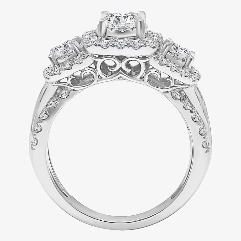 (I / I1) Love Lives Forever Womens 2 CT. T.W. Lab Grown White Diamond 10K or 14K White Gold Cushion Side Stone 3-Stone Engagement Ring