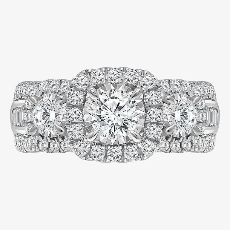 (I / I1) Love Lives Forever Womens 2 CT. T.W. Lab Grown White Diamond 10K or 14K White Gold Cushion Side Stone 3-Stone Engagement Ring