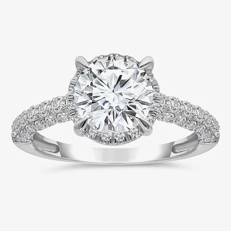 (I / I1) Womens 3 CT. T.W. Lab Grown White Diamond 10K Gold Round Side Stone Halo Engagement Ring