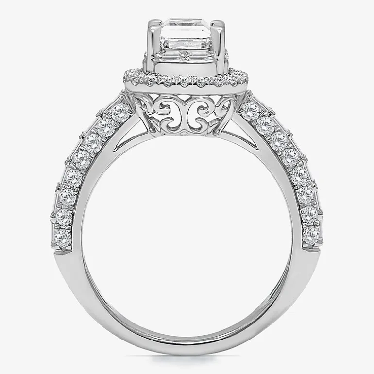 (I / I1) Womens 2 CT. T.W. Lab Grown White Diamond 10K Gold Side Stone Halo Engagement Ring
