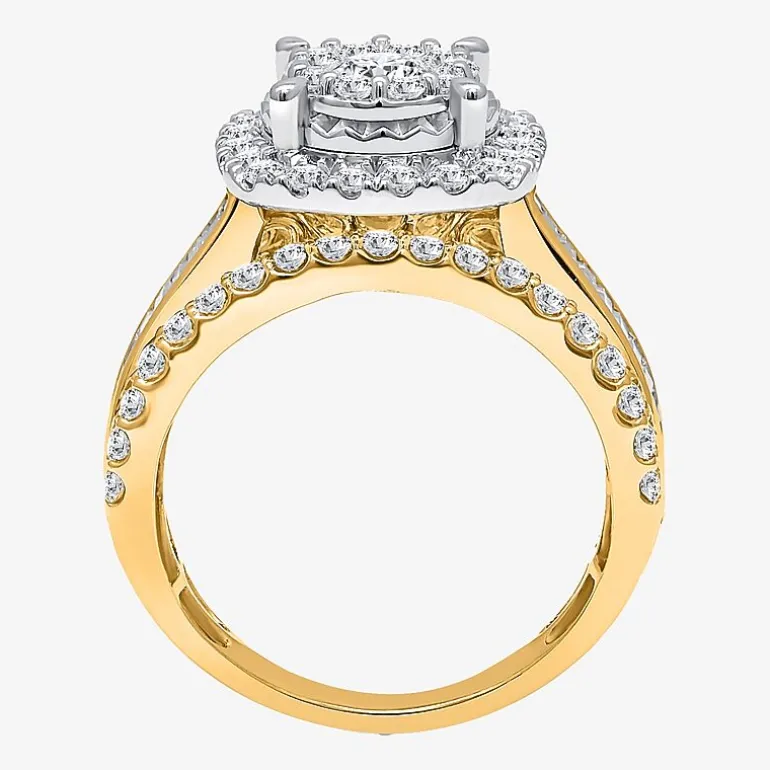 (I / I1) Womens 2 CT. T.W. Lab Grown White Diamond 10K or 14K Gold Cushion Side Stone Halo Engagement Ring