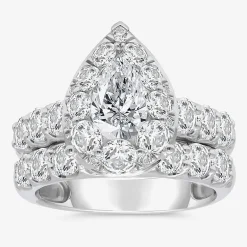 (I / I1) Womens 4 CT. T.W. Lab Grown White Diamond 10K Gold Pear Side Stone Halo Bridal Set