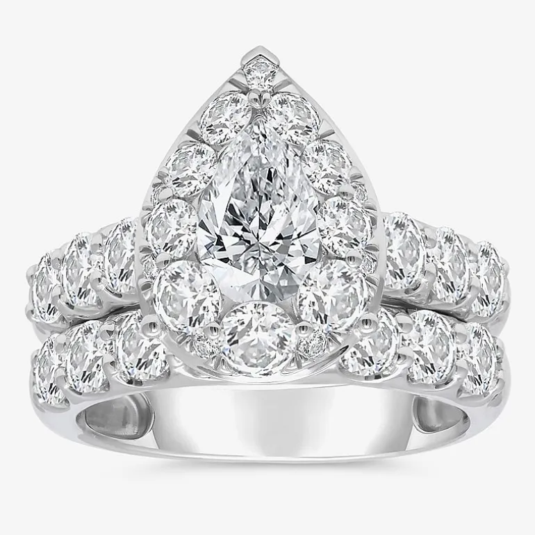 (I / I1) Womens 4 CT. T.W. Lab Grown White Diamond 10K Gold Pear Side Stone Halo Bridal Set