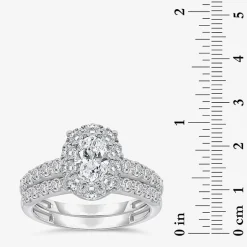 (I / I1) Womens 2 CT. T.W. Lab Grown White Diamond 10K Gold Oval Side Stone Halo Bridal Set
