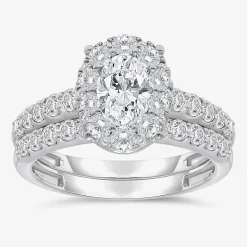 (I / I1) Womens 2 CT. T.W. Lab Grown White Diamond 10K Gold Oval Side Stone Halo Bridal Set
