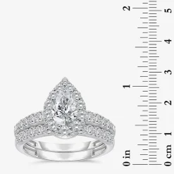 (I / I1) Womens 2 CT. T.W. Lab Grown White Diamond 10K Gold Pear Side Stone Halo Bridal Set