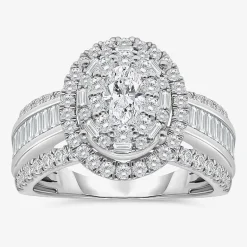 (I / I1) Womens 2 CT. T.W. Lab Grown White Diamond 10K Gold Oval Side Stone Engagement Ring