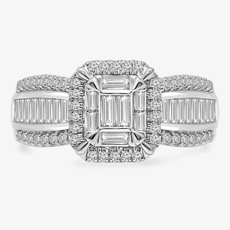 (I / I1) Womens 1 CT. T.W. Lab Grown White Diamond 10K Gold Side Stone Halo Engagement Ring