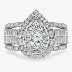 (I / I1) Womens 2 CT. T.W. Lab Grown White Diamond 10K Gold Pear Side Stone Halo Engagement Ring