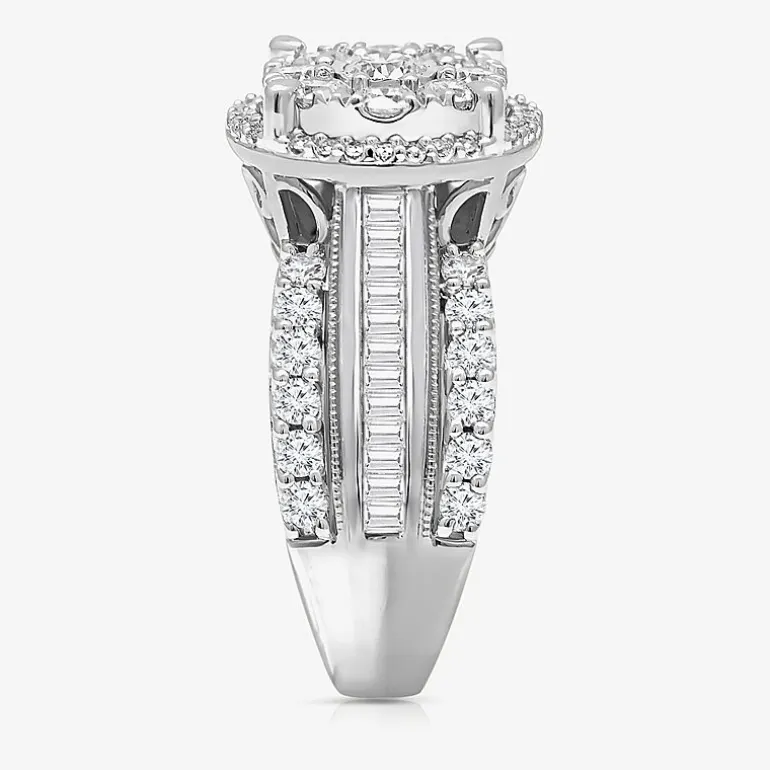 (I / I1) Womens 2 CT. T.W. Lab Grown White Diamond 10K Gold Round Side Stone Halo Engagement Ring