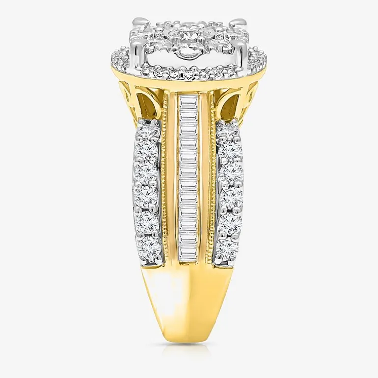 (I / I1) Womens 2 CT. T.W. Lab Grown White Diamond 10K Gold Round Side Stone Halo Engagement Ring