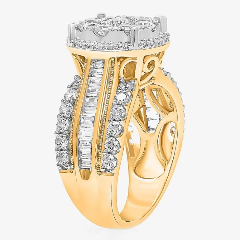 (I / I1) Womens 2 CT. T.W. Lab Grown White Diamond 10K Gold Round Side Stone Halo Engagement Ring