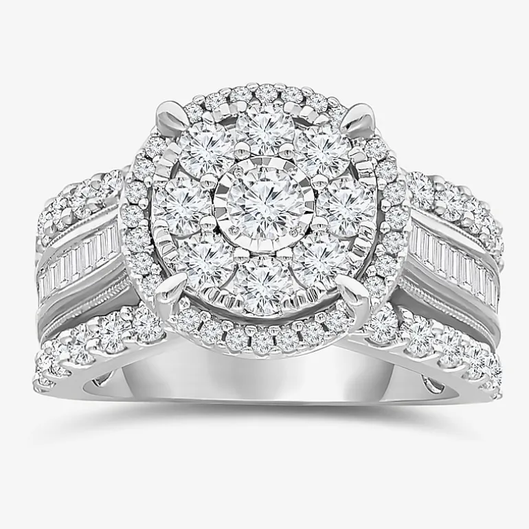 (I / I1) Womens 2 CT. T.W. Lab Grown White Diamond 10K Gold Round Side Stone Halo Engagement Ring