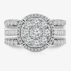 (I / I1) Womens 2 CT. T.W. Lab Grown White Diamond 10K Gold Round Side Stone Halo Engagement Ring