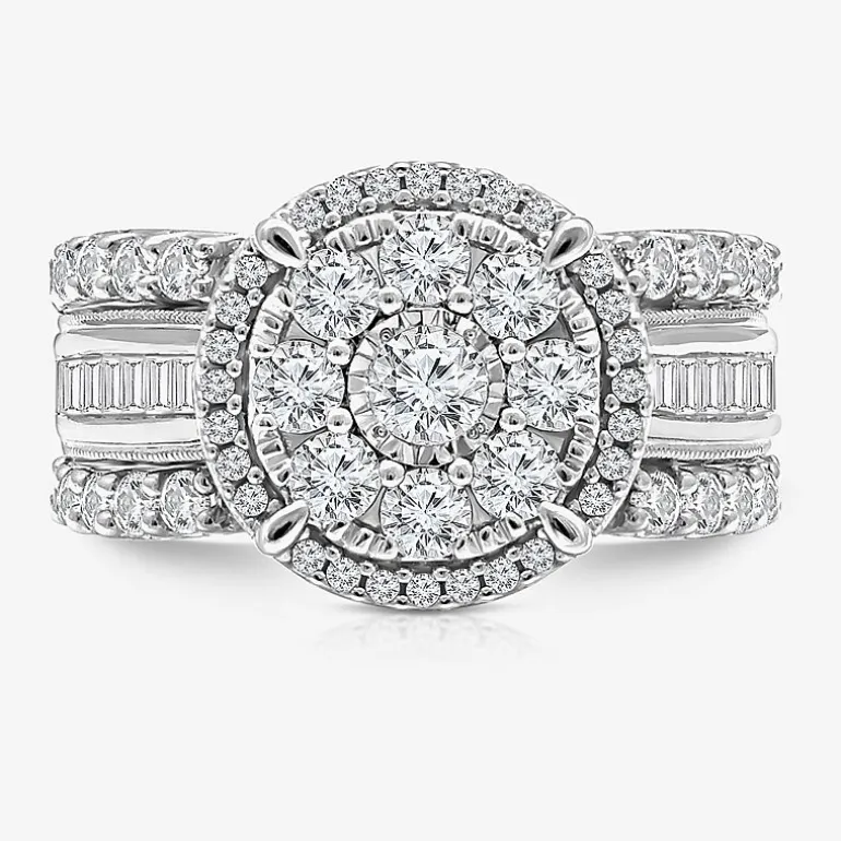 (I / I1) Womens 2 CT. T.W. Lab Grown White Diamond 10K Gold Round Side Stone Halo Engagement Ring