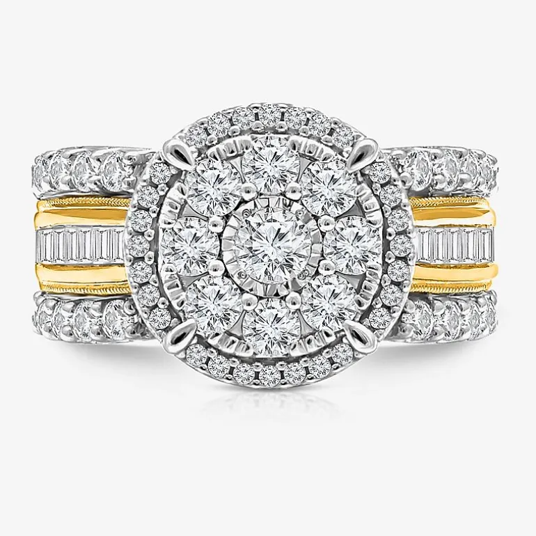 (I / I1) Womens 2 CT. T.W. Lab Grown White Diamond 10K Gold Round Side Stone Halo Engagement Ring