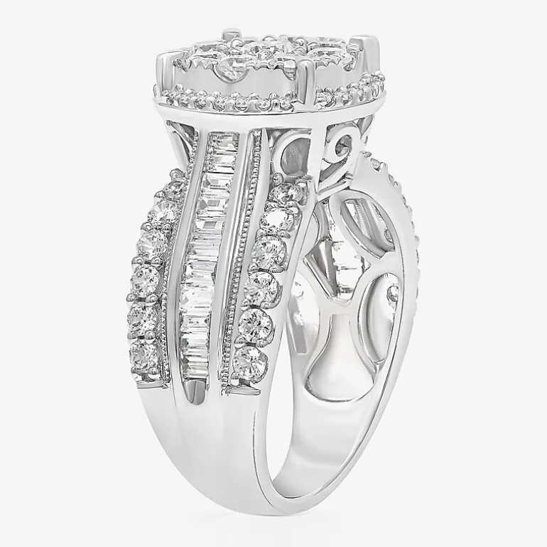 (I / I1) Womens 2 CT. T.W. Lab Grown White Diamond 10K Gold Round Side Stone Halo Engagement Ring