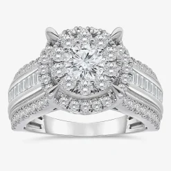 (I / I1) Womens 2 CT. T.W. Lab Grown White Diamond 10K Gold Round Side Stone Halo Engagement Ring