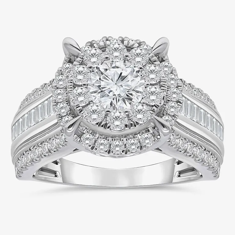 (I / I1) Womens 2 CT. T.W. Lab Grown White Diamond 10K Gold Round Side Stone Halo Engagement Ring