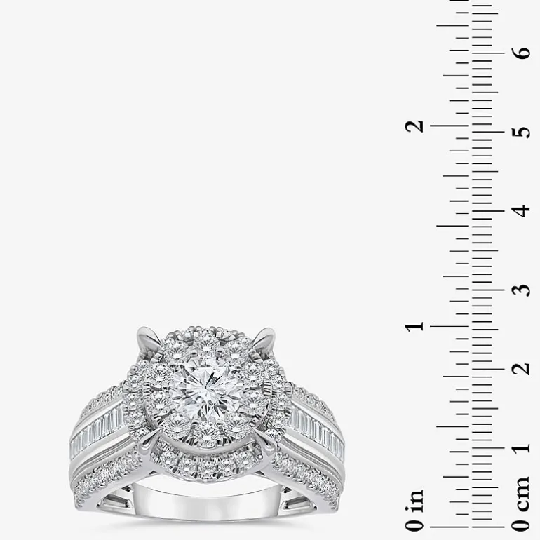 (I / I1) Womens 2 CT. T.W. Lab Grown White Diamond 10K Gold Round Side Stone Halo Engagement Ring