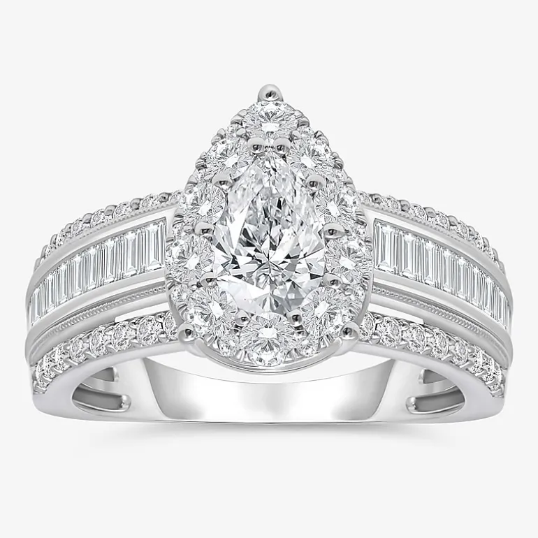 (I / I1) Womens 2 CT. T.W. Lab Grown White Diamond 10K Gold Pear Side Stone Engagement Ring