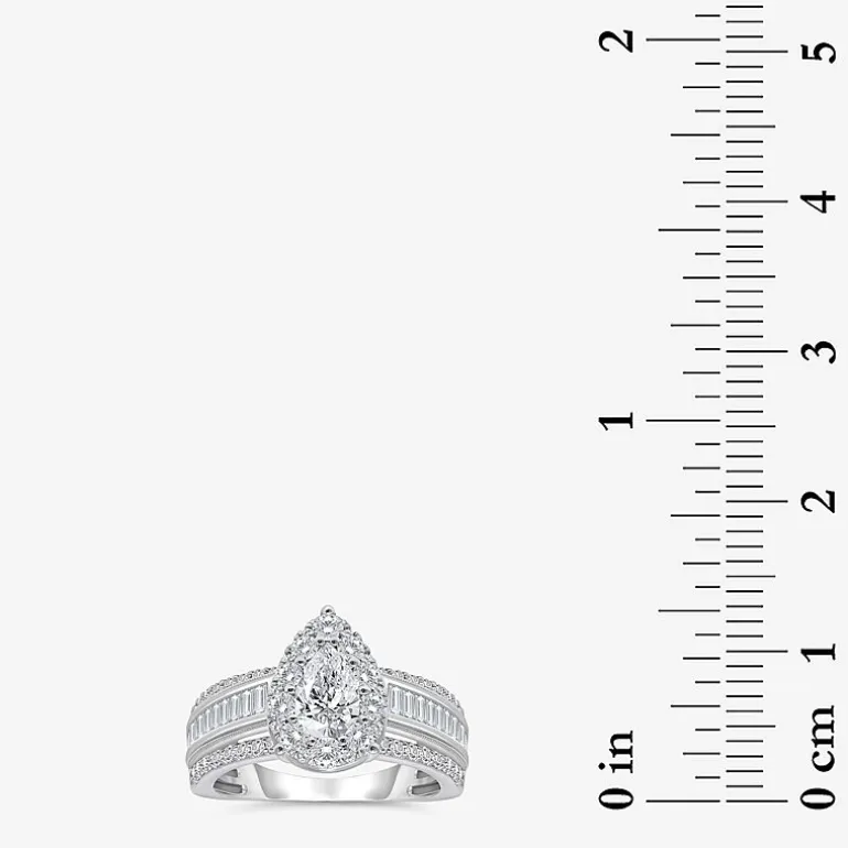 (I / I1) Womens 2 CT. T.W. Lab Grown White Diamond 10K Gold Pear Side Stone Engagement Ring